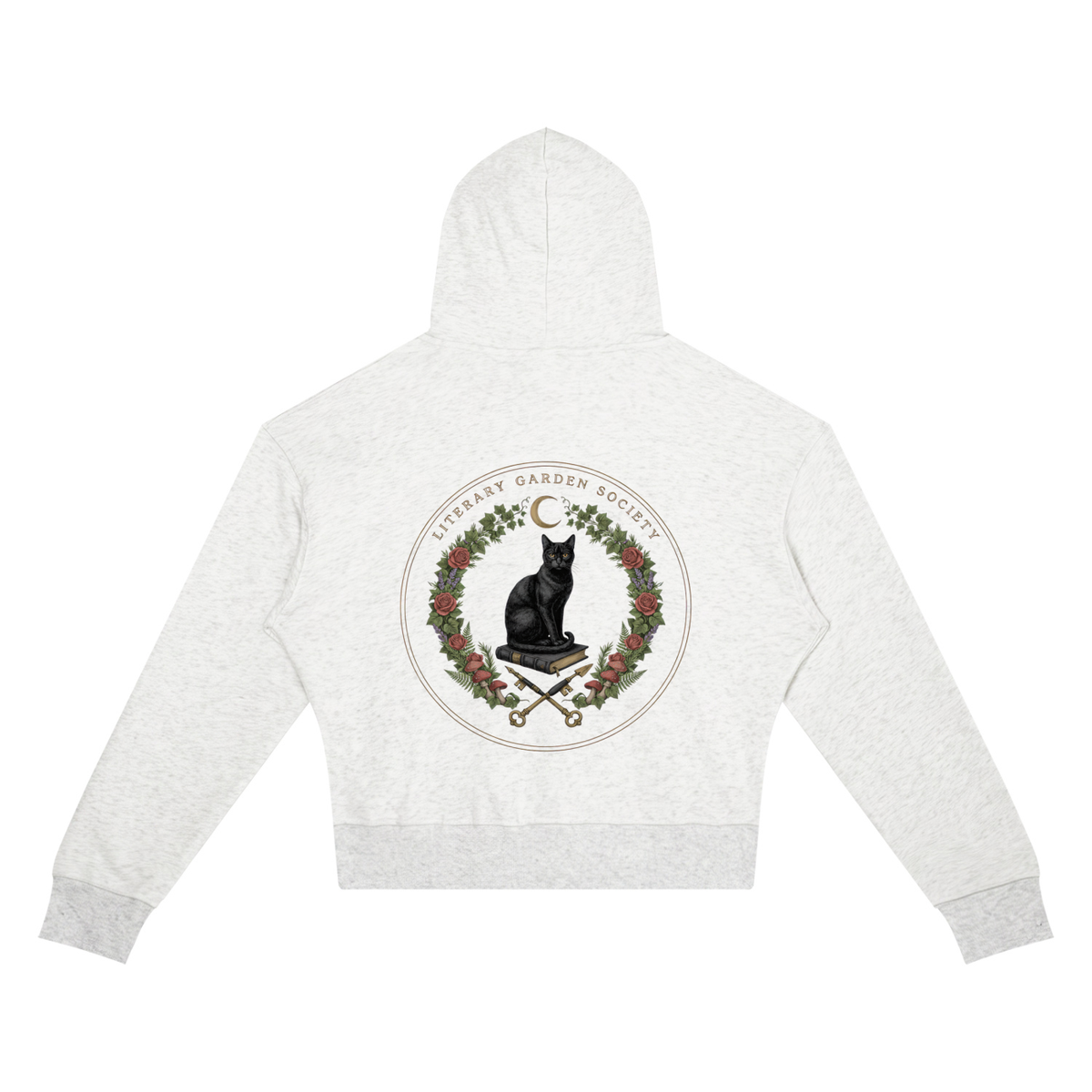 Women’s Literary Garden Society Cropped Drop-Shoulder Hoodie in light gray with the black cat and roses crest, back print