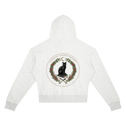 Women’s Literary Garden Society Cropped Drop-Shoulder Hoodie in light gray with the black cat and roses crest, back print