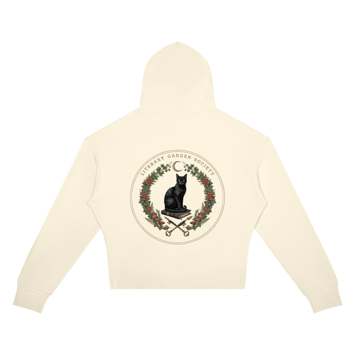 Women’s Literary Garden Society Cropped Drop-Shoulder Hoodie in cream with the black cat and roses crest, back print