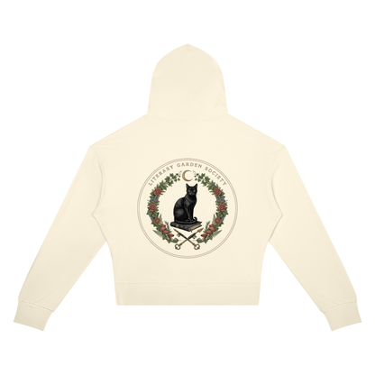 Women’s Literary Garden Society Cropped Drop-Shoulder Hoodie in cream with the black cat and roses crest, back print