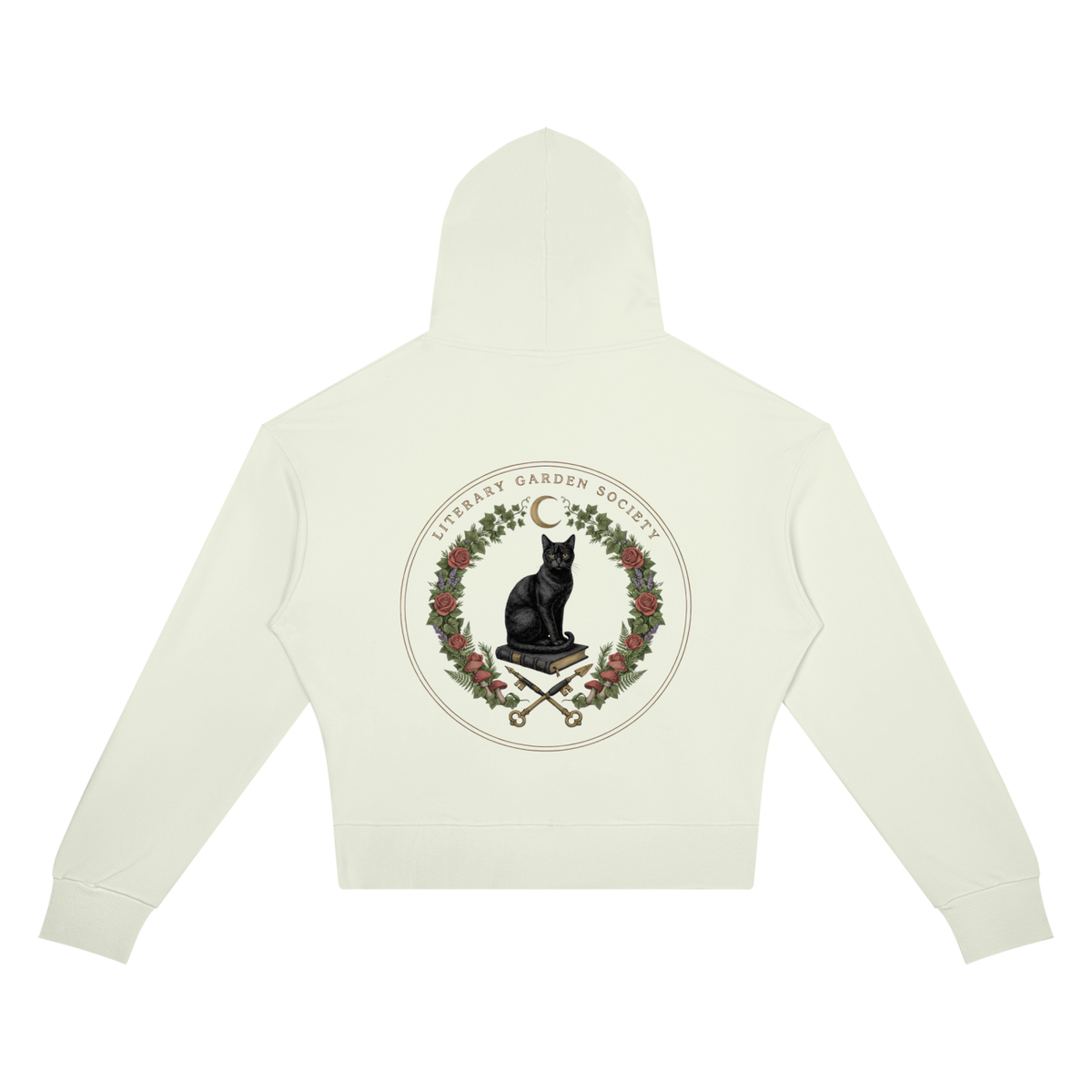 Women’s Literary Garden Society Cropped Drop-Shoulder Hoodie in light green with the black cat and roses crest, back print