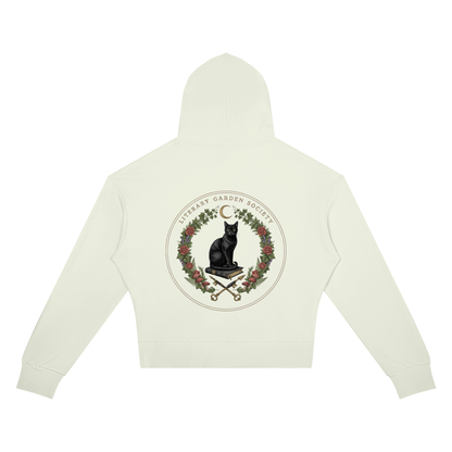 Women’s Literary Garden Society Cropped Drop-Shoulder Hoodie in light green with the black cat and roses crest, back print