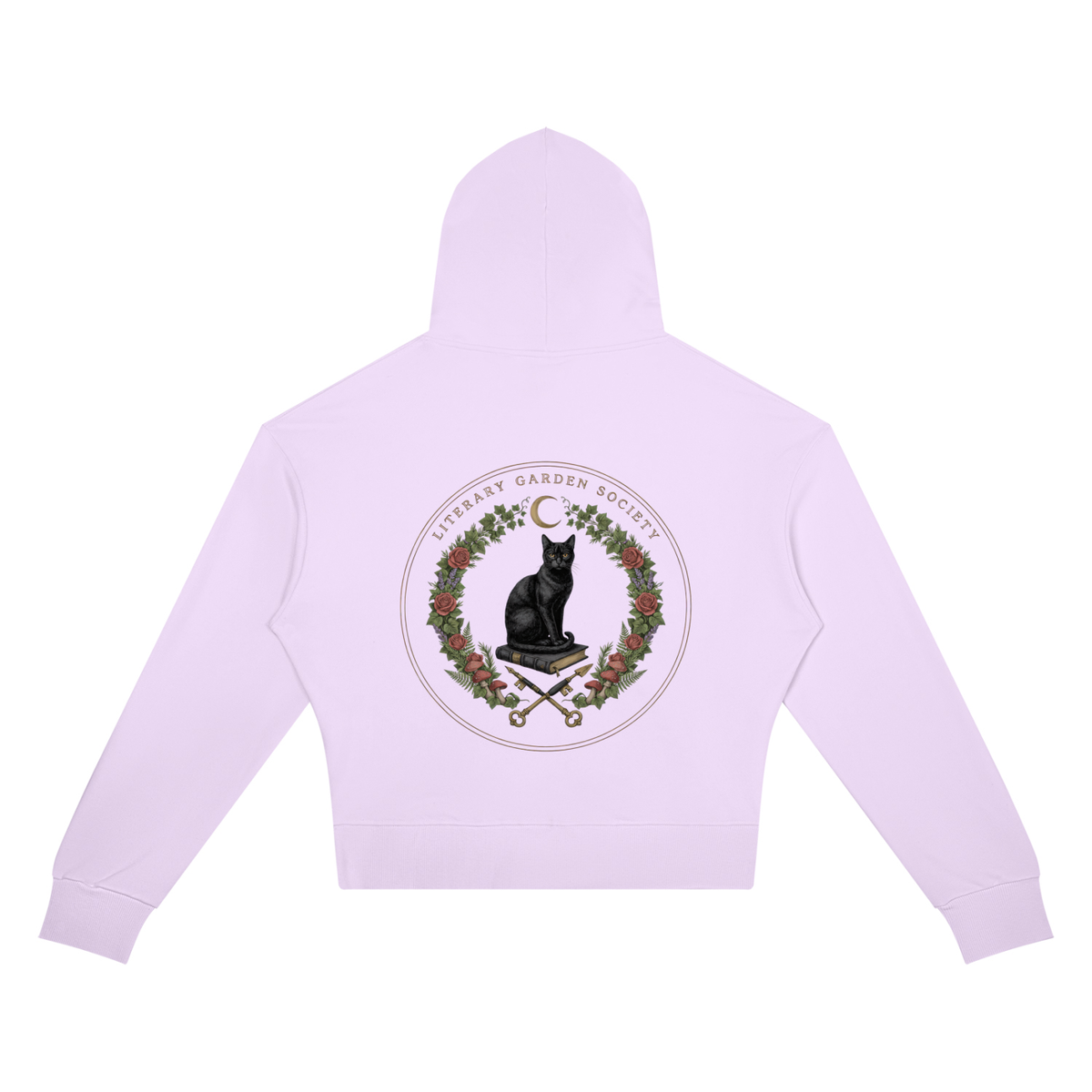Women’s Literary Garden Society Cropped Drop-Shoulder Hoodie in lavender with the black cat and roses crest, back print
