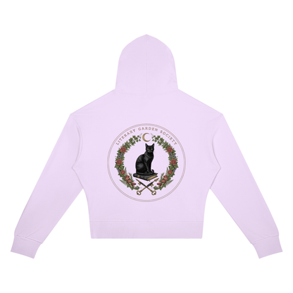 Women’s Literary Garden Society Cropped Drop-Shoulder Hoodie in lavender with the black cat and roses crest, back print