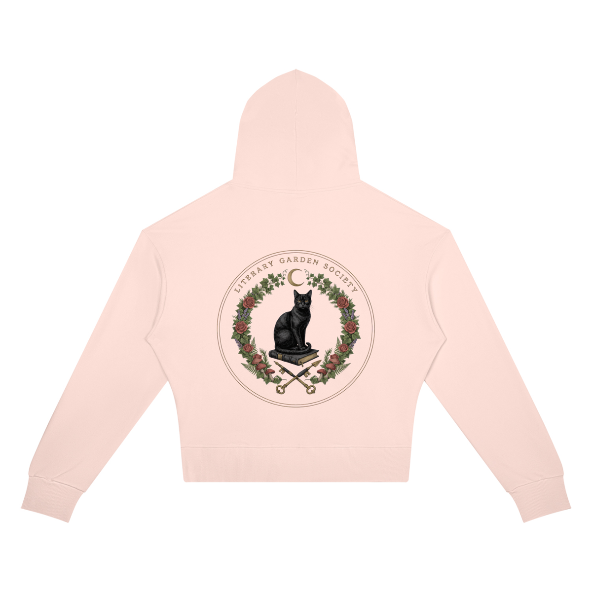 Women’s Literary Garden Society Cropped Drop-Shoulder Hoodie in light pink with the black cat and roses crest, back print