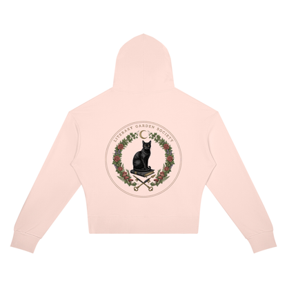 Women’s Literary Garden Society Cropped Drop-Shoulder Hoodie in light pink with the black cat and roses crest, back print