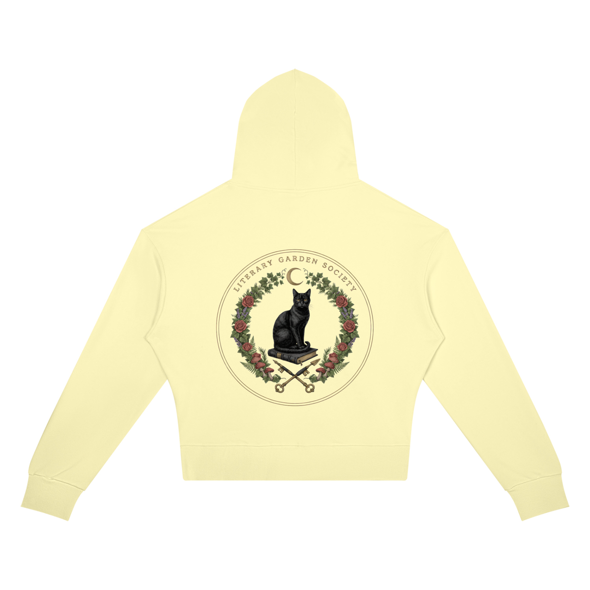 Women’s Literary Garden Society Cropped Drop-Shoulder Hoodie in light yellow with the black cat and roses crest, back print