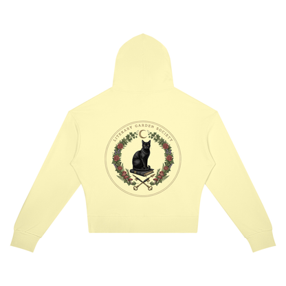 Women’s Literary Garden Society Cropped Drop-Shoulder Hoodie in light yellow with the black cat and roses crest, back print