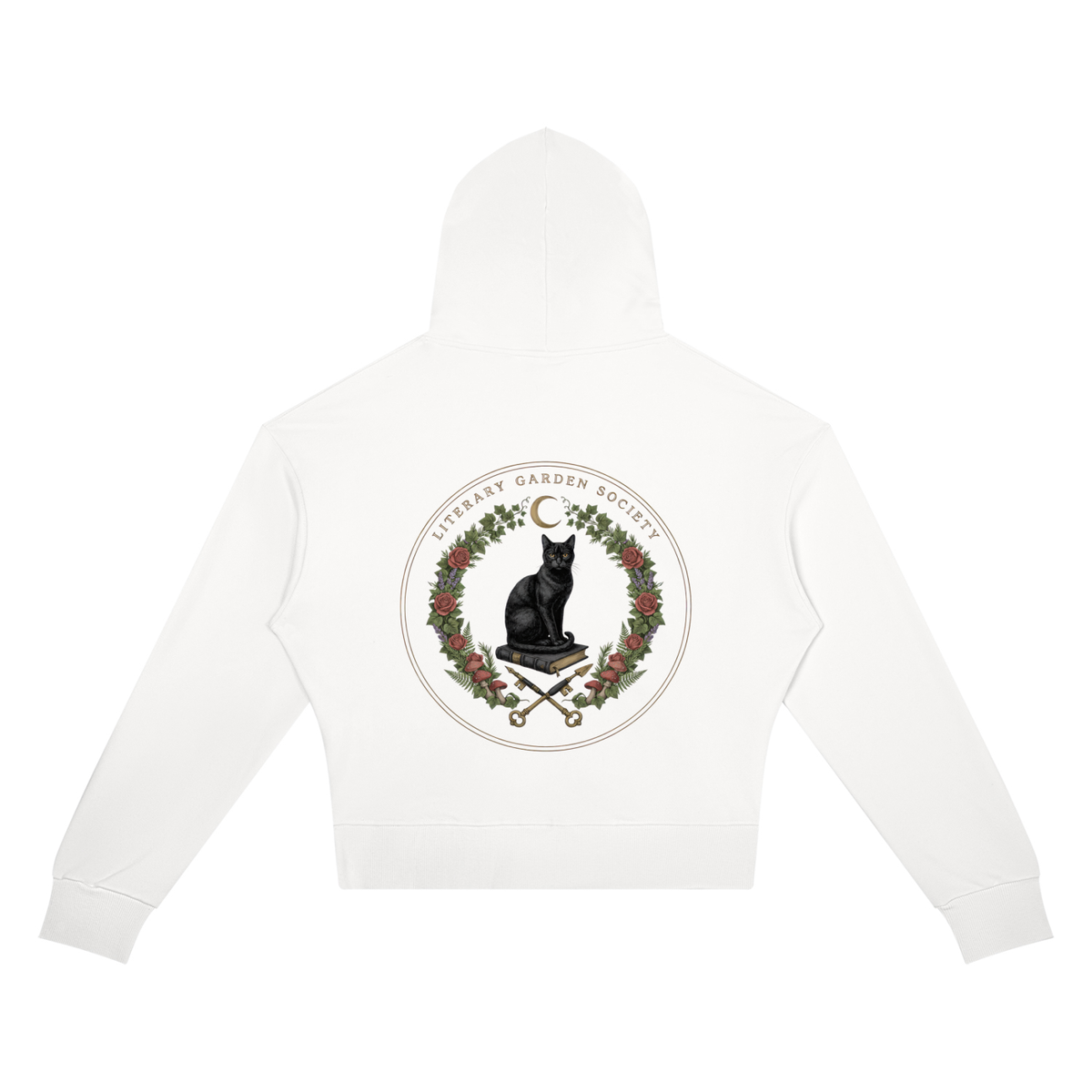 Women’s Literary Garden Society Cropped Drop-Shoulder Hoodie in white with the black cat and roses crest, back print