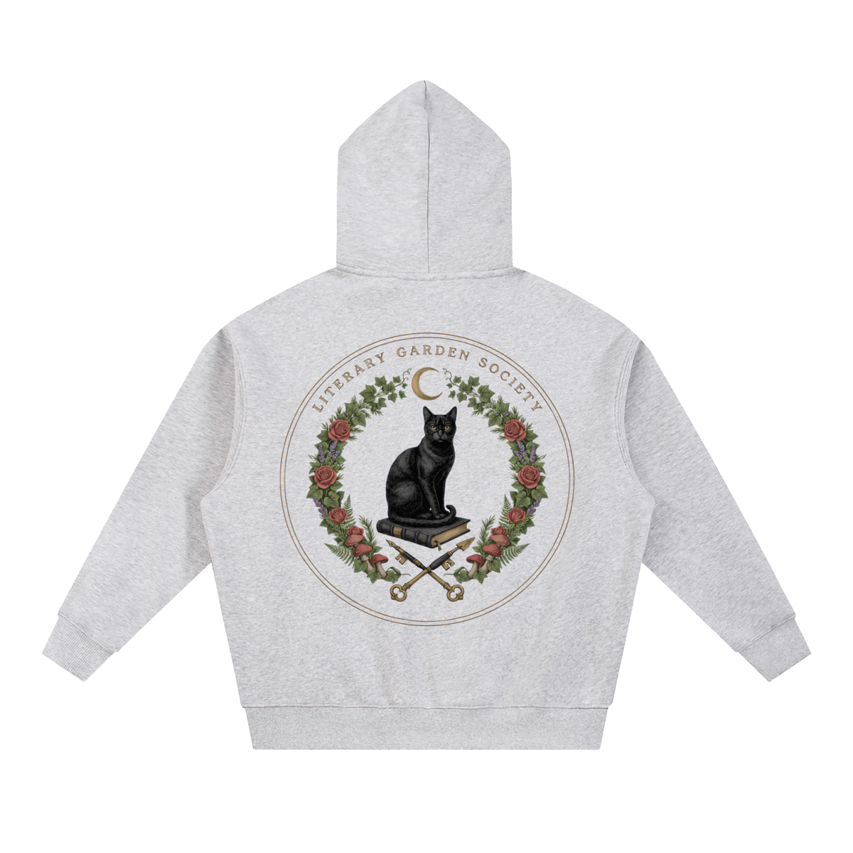 Women’s Literary Garden Society Oversized Fleece Hoodie in gray with the black cat and roses crest, back print