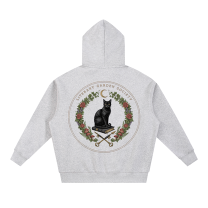 Women’s Literary Garden Society Oversized Fleece Hoodie in gray with the black cat and roses crest, back print