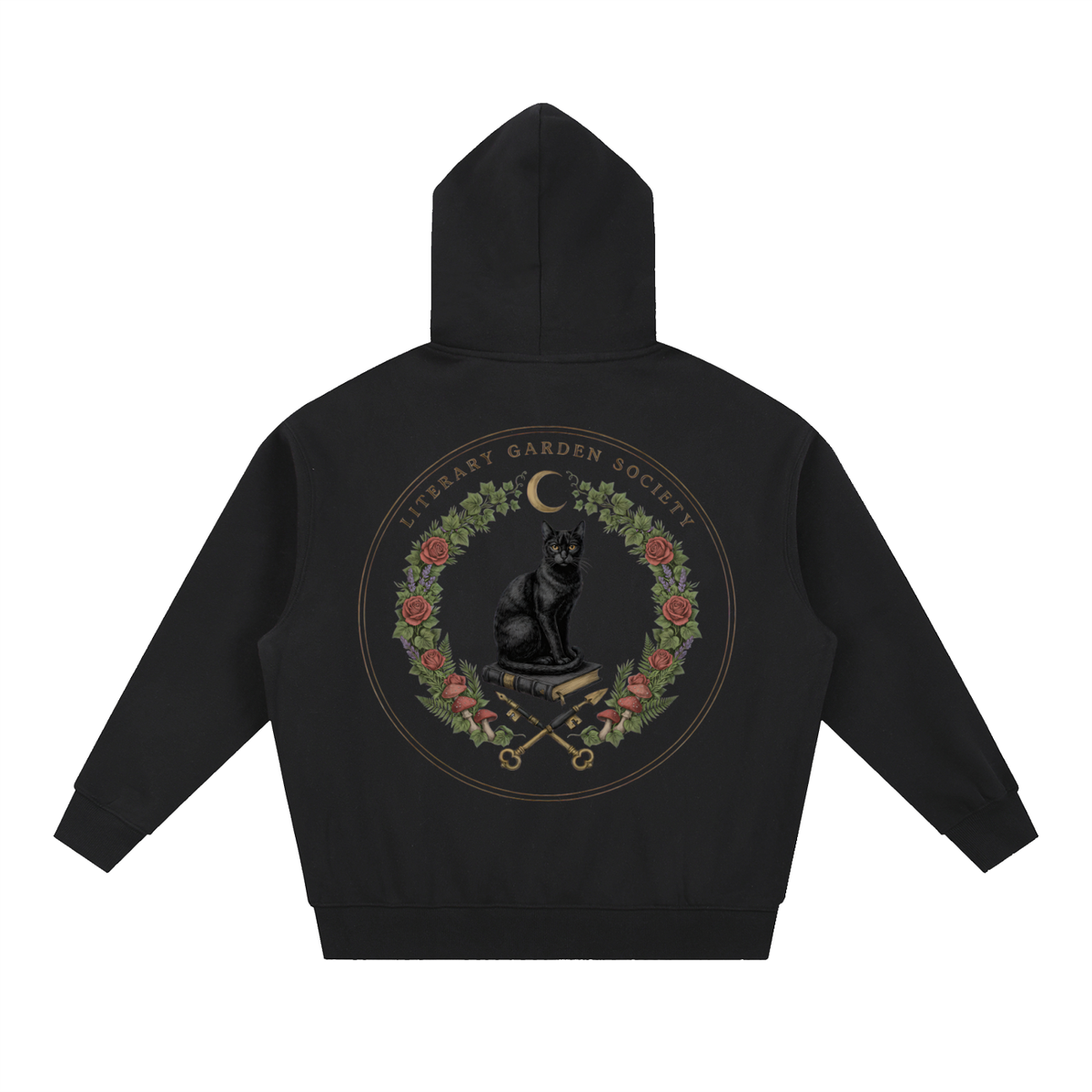 Women’s Literary Garden Society Oversized Fleece Hoodie in black with the black cat and roses crest, back print