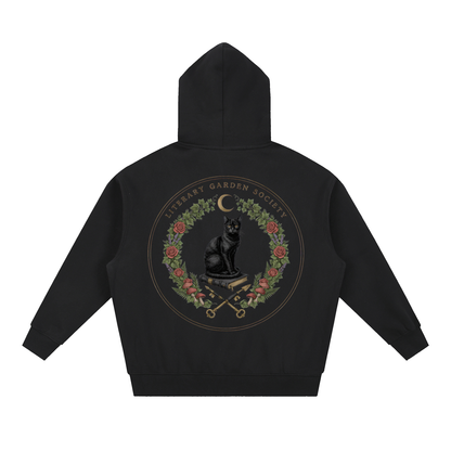 Women’s Literary Garden Society Oversized Fleece Hoodie in black with the black cat and roses crest, back print