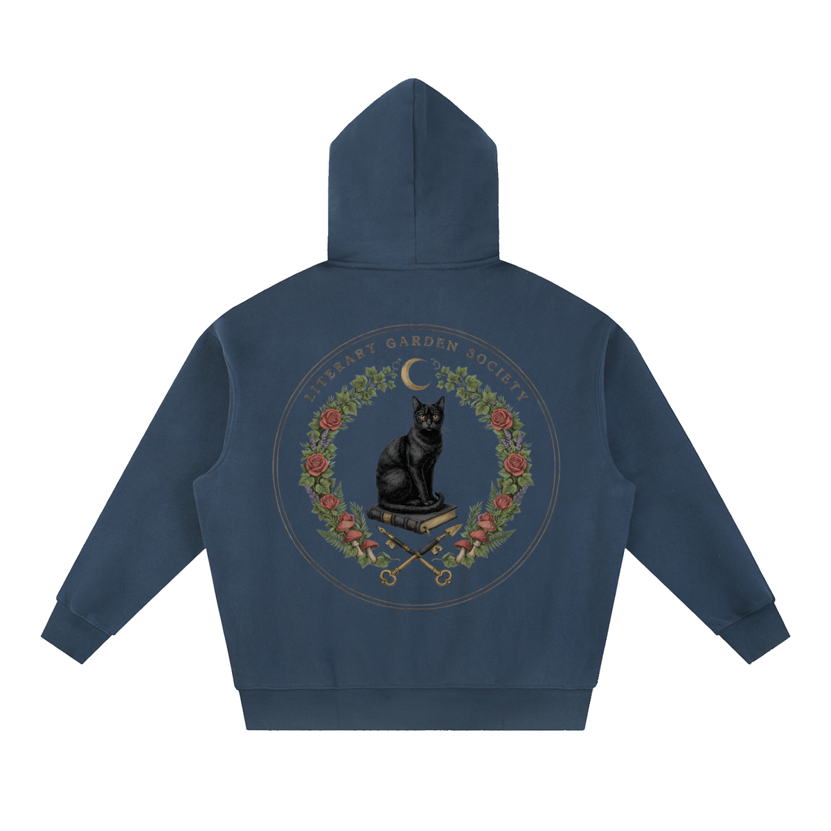 Women’s Literary Garden Society Oversized Fleece Hoodie in navy with the black cat and roses crest, back print