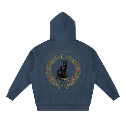 Women’s Literary Garden Society Oversized Fleece Hoodie in navy with the black cat and roses crest, back print