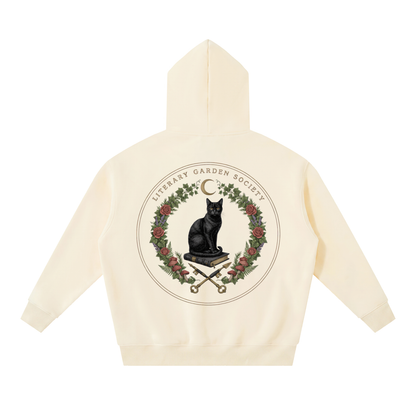Women’s Literary Garden Society Oversized Fleece Hoodie in cream with the black cat and roses crest, back print