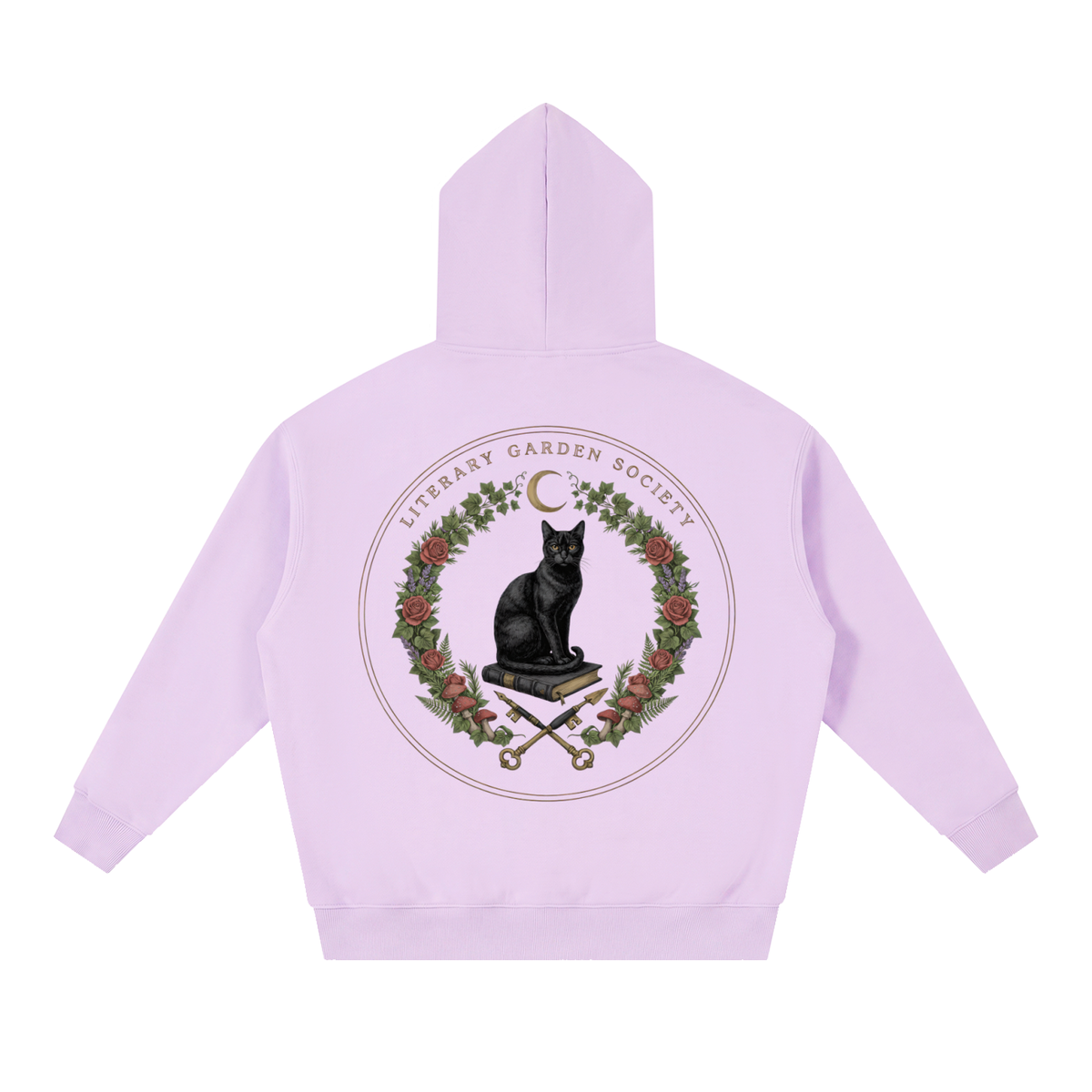 Women’s Literary Garden Society Oversized Fleece Hoodie in lavender with the black cat and roses crest, back print
