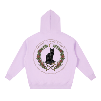 Women’s Literary Garden Society Oversized Fleece Hoodie in lavender with the black cat and roses crest, back print