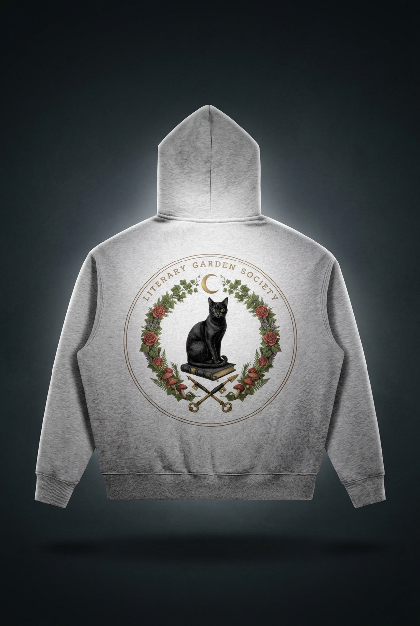 Women’s Literary Garden Society Oversized Fleece Hoodie in gray, back view with the black cat and roses crest, on a dark studio background