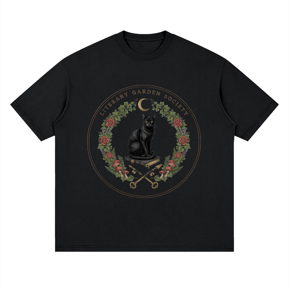 Women’s Literary Garden Society Oversized T-Shirt in black with the black cat and roses crest, front print