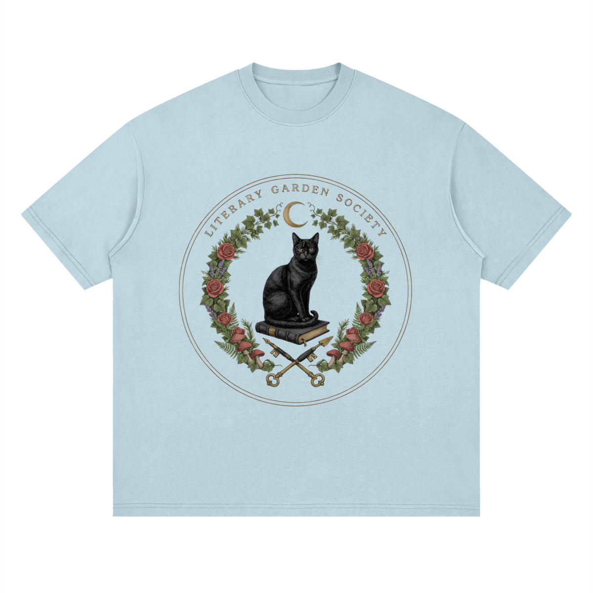 Women’s Literary Garden Society Oversized T-Shirt in pale blue with the black cat and roses crest, front print