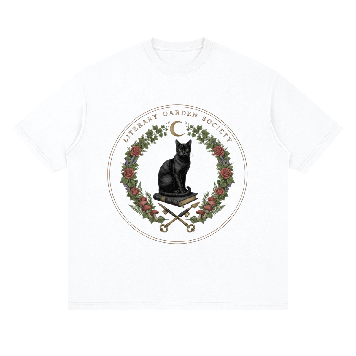 Women’s Literary Garden Society Oversized T-Shirt in white with the black cat and roses crest, front print