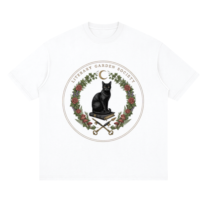 Women’s Literary Garden Society Oversized T-Shirt in white with the black cat and roses crest, front print