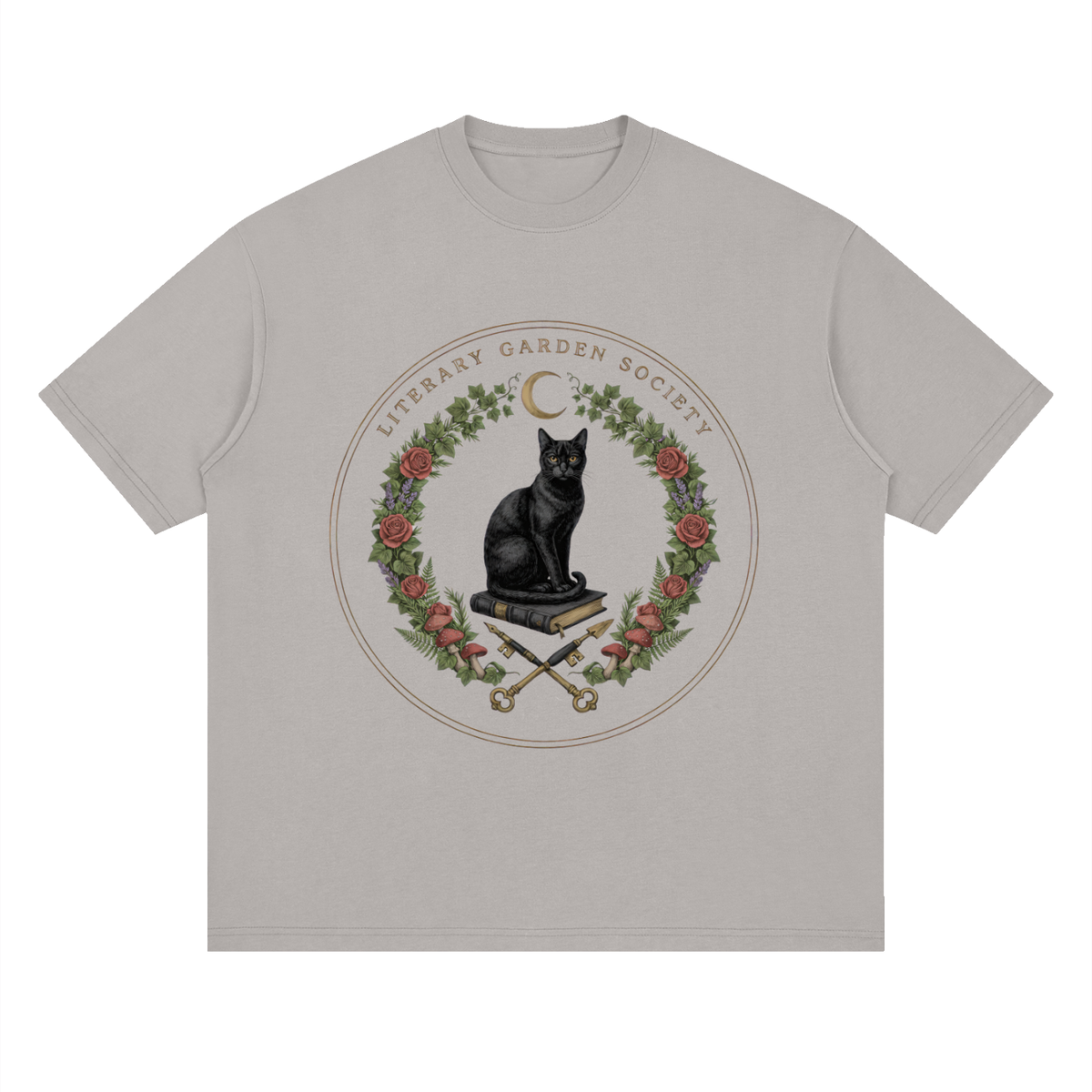 Women’s Literary Garden Society Oversized T-Shirt in light gray with the black cat and roses crest, front print