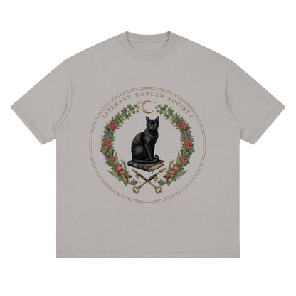 Women’s Literary Garden Society Oversized T-Shirt in light gray with the black cat and roses crest, front print