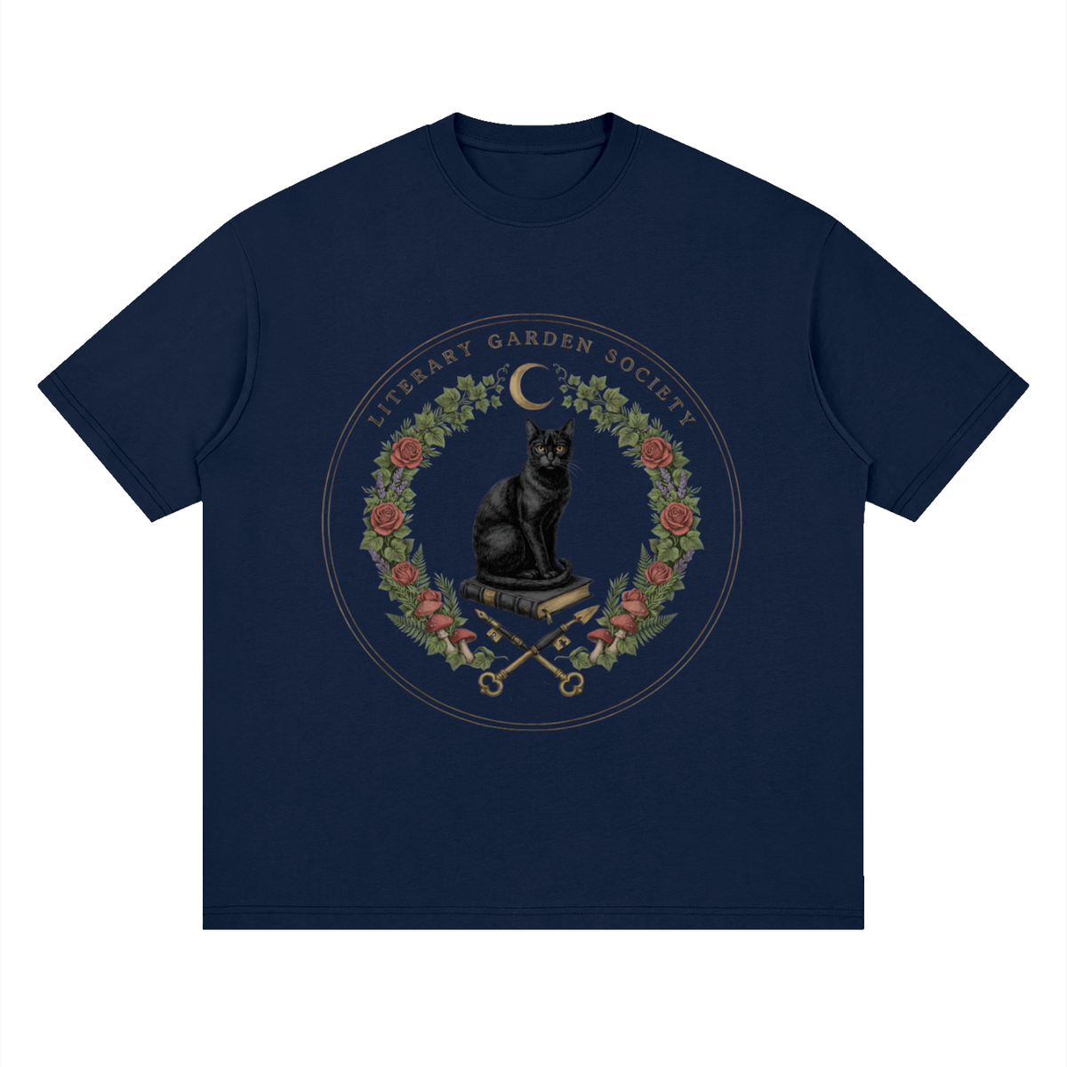 Women’s Literary Garden Society Oversized T-Shirt in navy with the black cat and roses crest, front print
