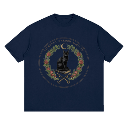 Women’s Literary Garden Society Oversized T-Shirt in navy with the black cat and roses crest, front print