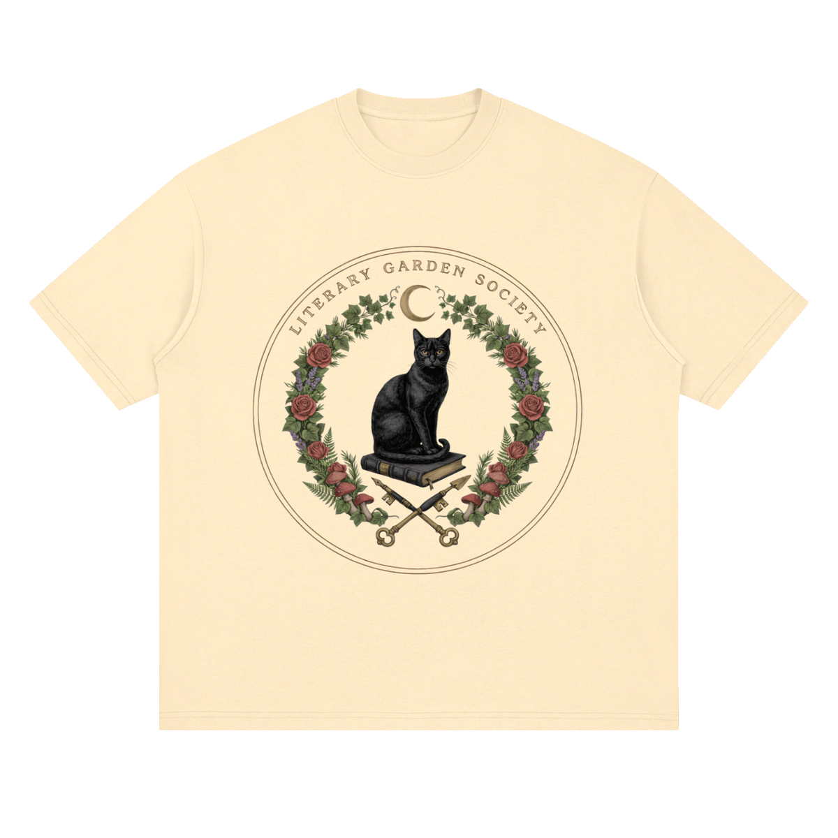 Women’s Literary Garden Society Oversized T-Shirt in cream with the black cat and roses crest, front print
