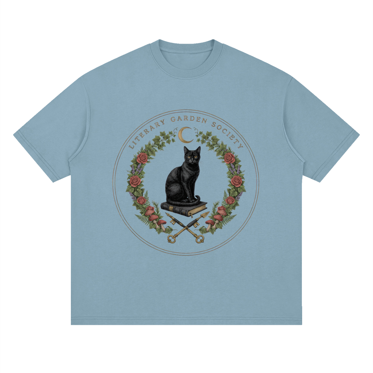 Women’s Literary Garden Society Oversized T-Shirt in dusty blue with the black cat and roses crest, front print