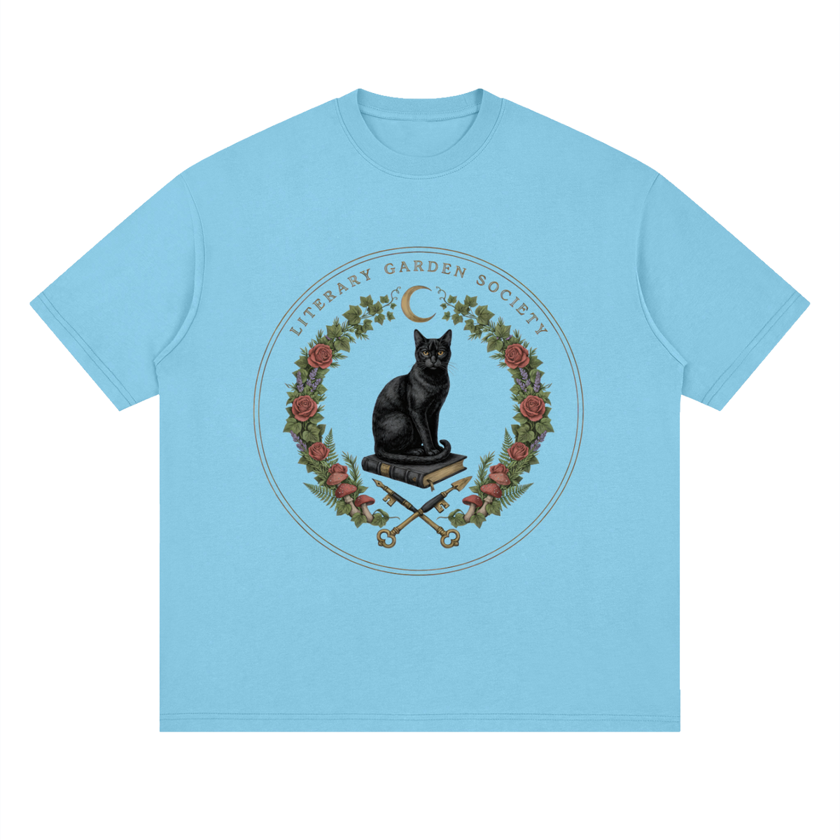 Women’s Literary Garden Society Oversized T-Shirt in sky blue with the black cat and roses crest, front print