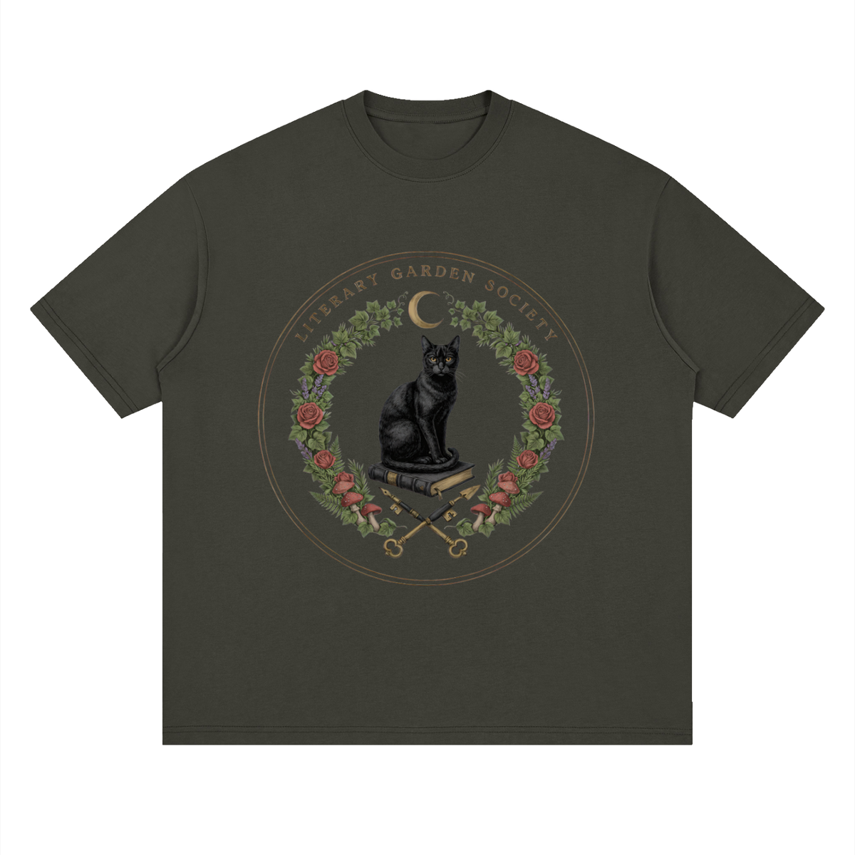 Women’s Literary Garden Society Oversized T-Shirt in dark olive with the black cat and roses crest, front print