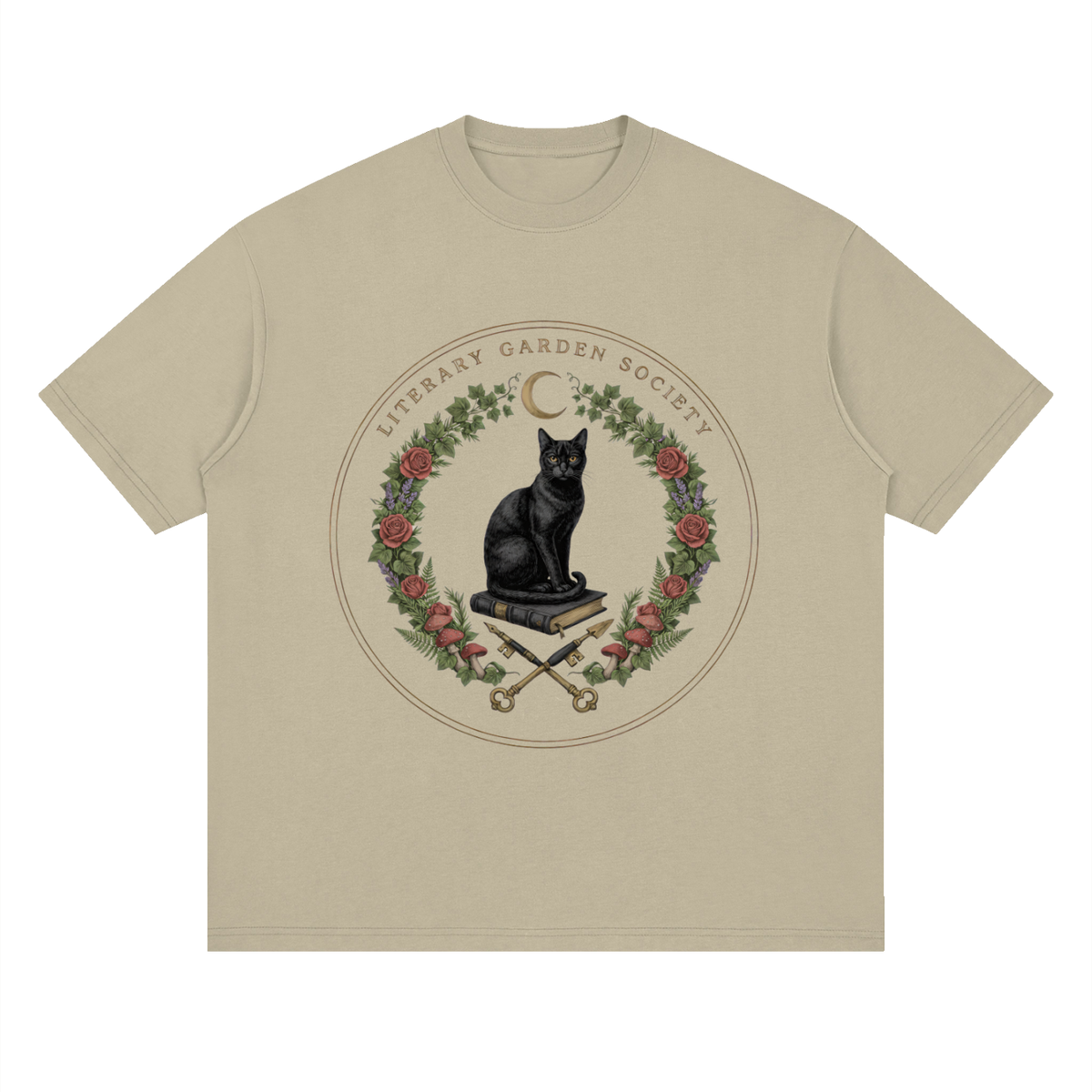 Women’s Literary Garden Society Oversized T-Shirt in khaki with the black cat and roses crest, front print