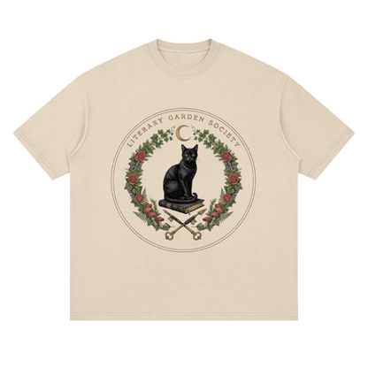 Women’s Literary Garden Society Oversized T-Shirt in beige with the black cat and roses crest, front print