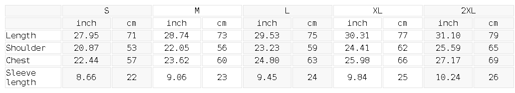 Size chart for the oversized drop-shoulder tee