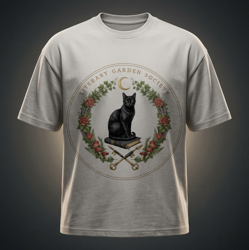 Women’s Literary Garden Society Oversized T-Shirt in light gray with the black cat and roses crest on the front, on a dark studio background
