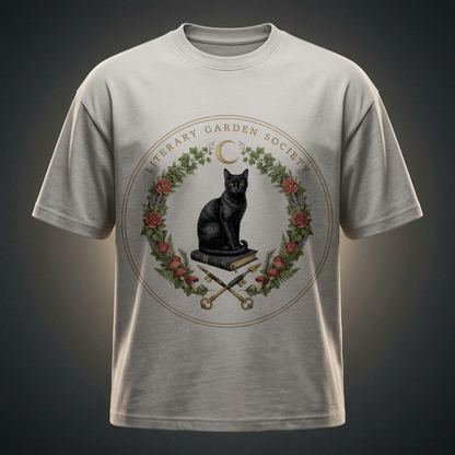 Women’s Literary Garden Society Oversized T-Shirt in light gray with the black cat and roses crest on the front, on a dark studio background