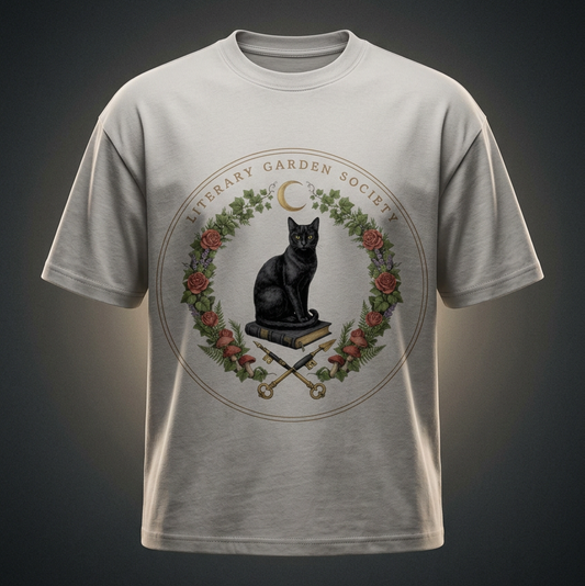 Women’s Literary Garden Society Oversized T-Shirt in light gray with the black cat and roses crest on the front, on a dark studio background