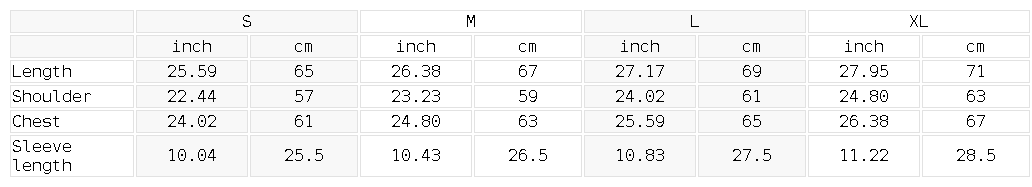 Size chart for the snow-wash boxy tee with a raw hem