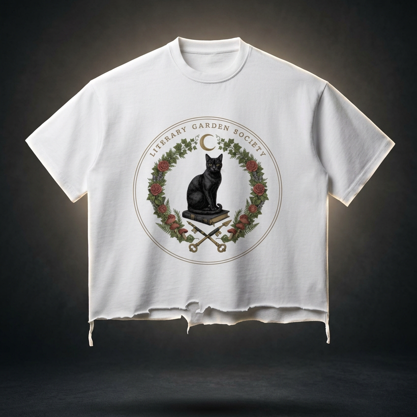 Women’s Literary Garden Society Snow Wash Boxy T-Shirt in white with a raw hem and the black cat and roses crest on the front, on a dark studio background