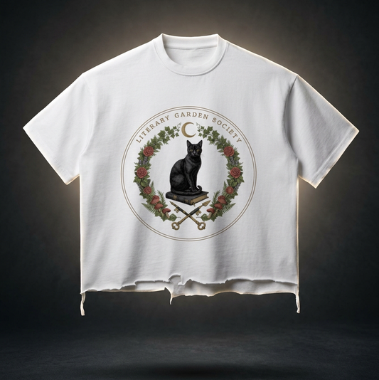Women’s Literary Garden Society Snow Wash Boxy T-Shirt in white with a raw hem and the black cat and roses crest on the front, on a dark studio background