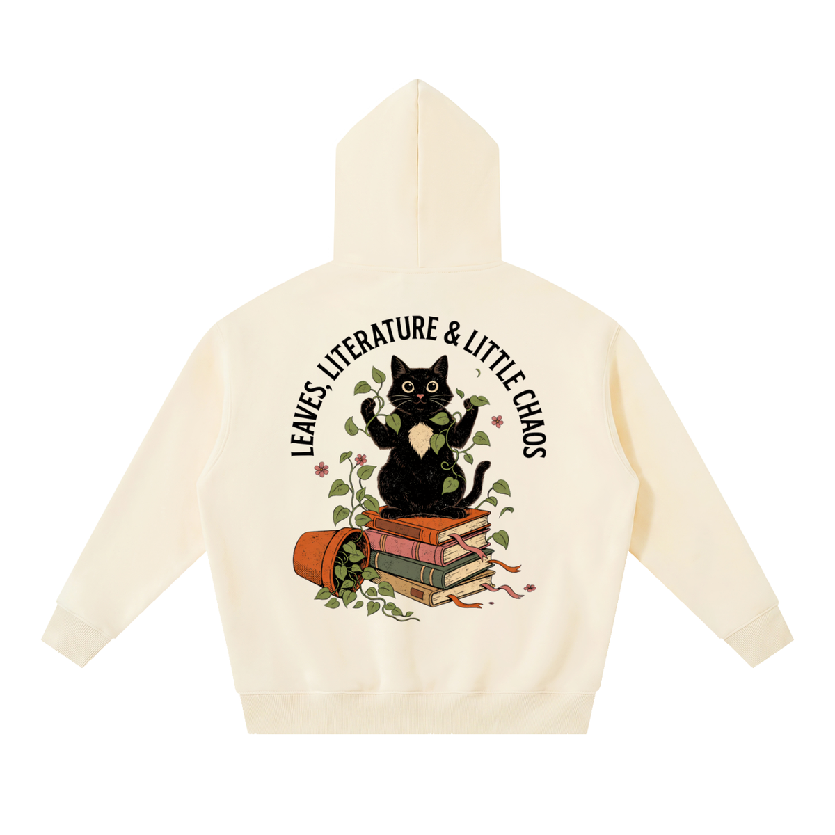 Black cat on a stack of books with vines, Leaves, Literature & Little Chaos back print on an Apricot fleece hoodie