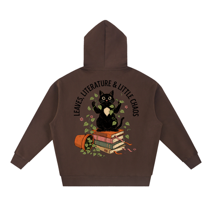 Black cat on a stack of books with vines, Leaves, Literature & Little Chaos back print on a Coffee brown fleece hoodie