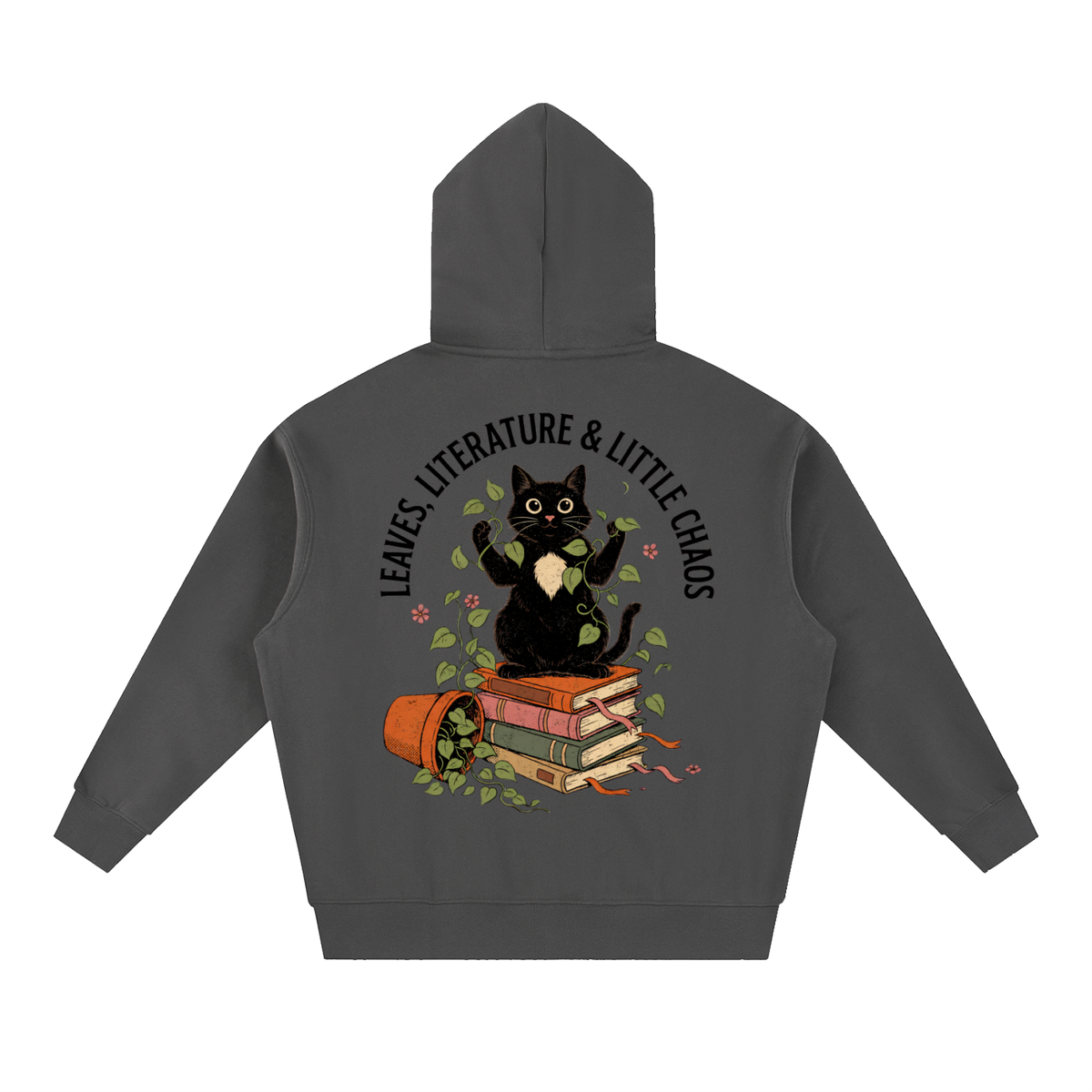 Black cat on a stack of books with vines, Leaves, Literature & Little Chaos back print on a Dark Gray fleece hoodie