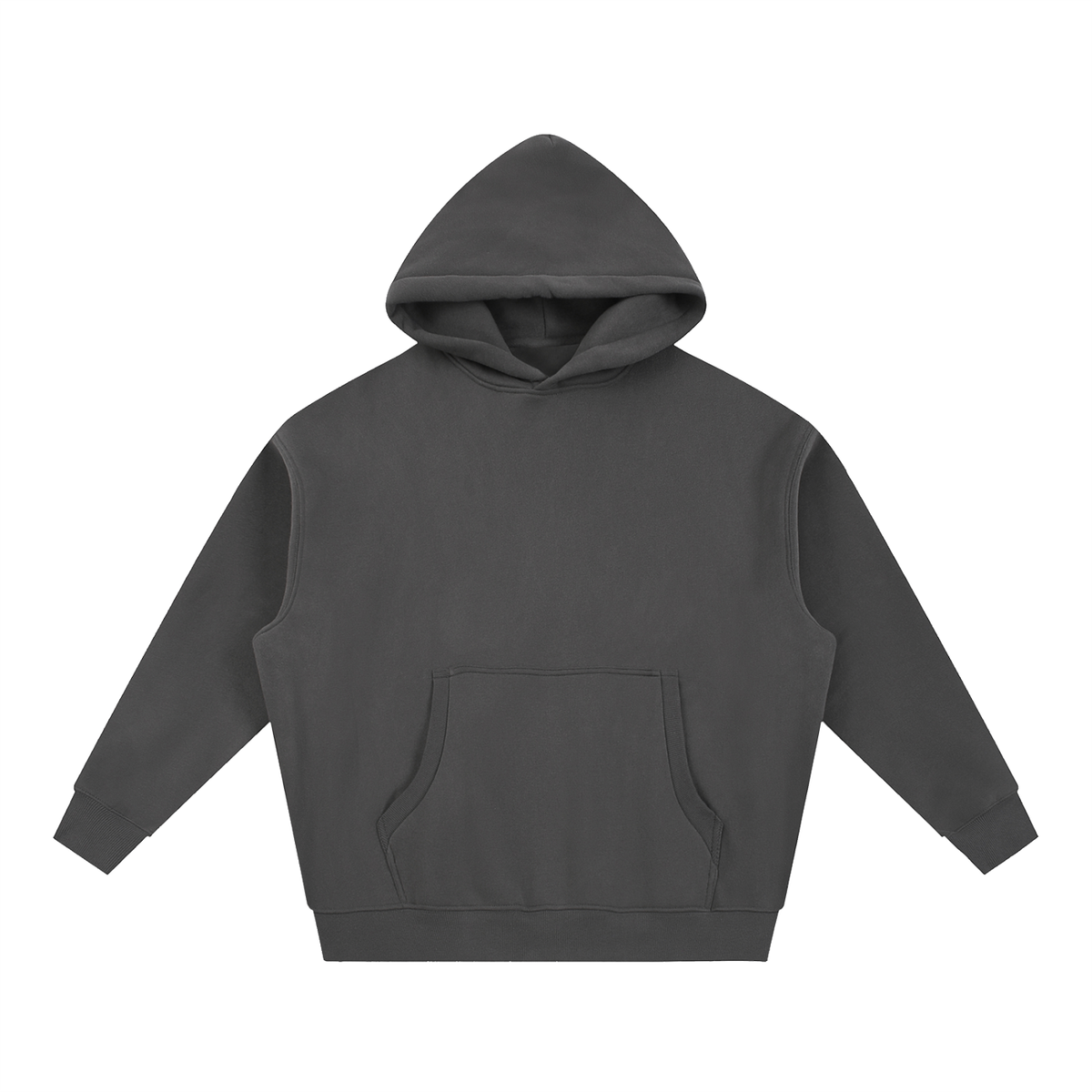 Women’s Little Chaos oversized boxy fleece hoodie in Dark Gray, front view with kangaroo pocket