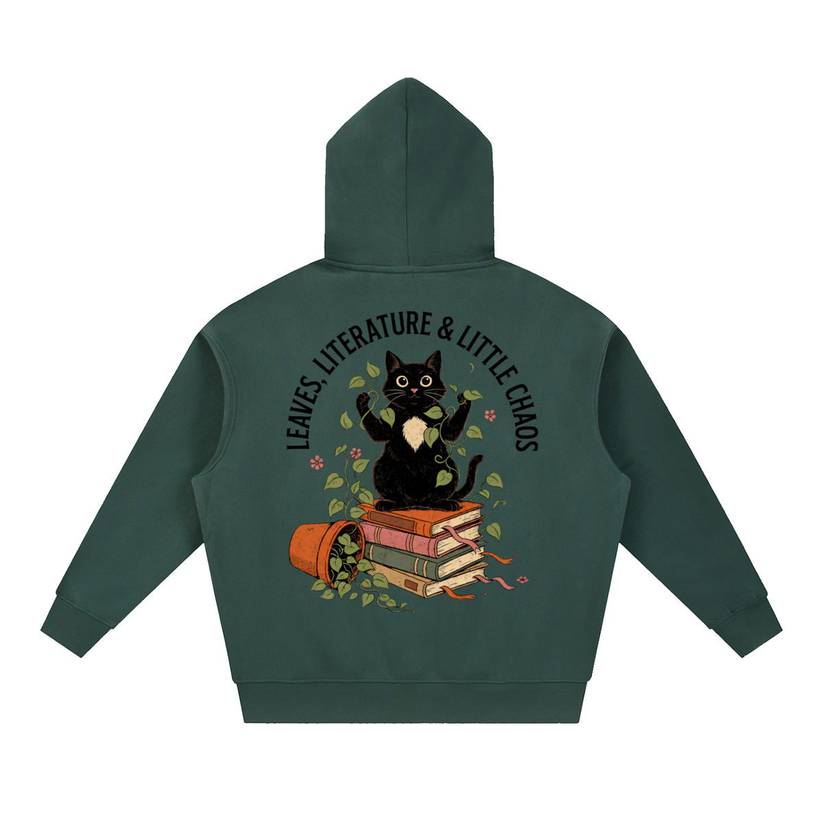 Black cat on a stack of books with vines, Leaves, Literature & Little Chaos back print on a Dark Green fleece hoodie