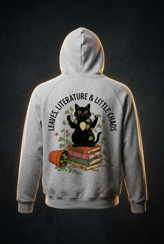 Back of a Flower Gray oversized fleece hoodie with a black cat on a stack of books and vines, Leaves, Literature & Little Chaos print